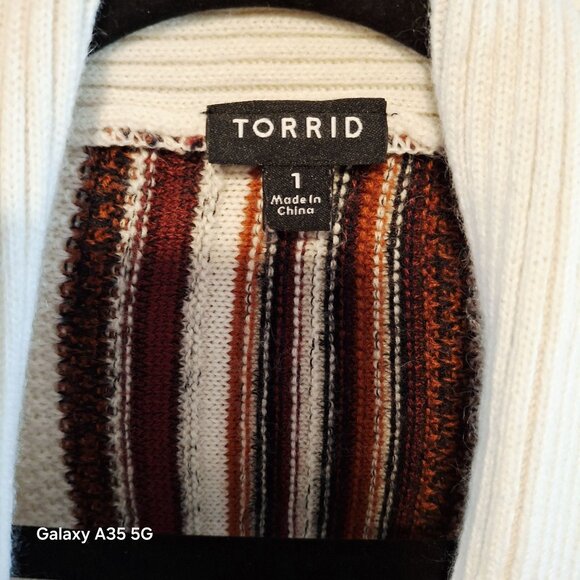 Torrid Womens Open Front Striped Cardigan Sweater Size 1 Ivory Brown Burgundy Co - Picture 2 of 14
